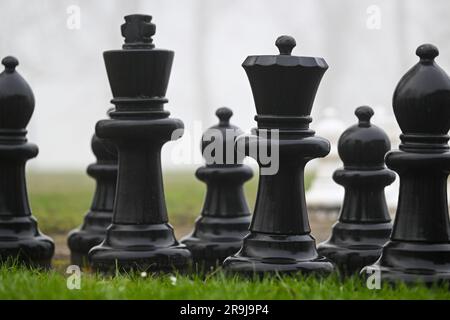 Ein Schachfeld, das nebeneinander im Gras steht und eine symmetrische Komposition erzeugt Stockfoto