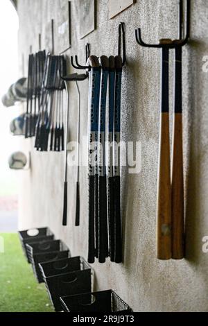 Eine Wand mit einer Auswahl an Golfschlägern und Schlägern, die ordentlich organisiert sind Stockfoto