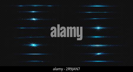 Blaues Licht leuchtet mit Glitzereffekt und Leuchteffekt. Horizontaler türkisfarbener Neonstreifeneffekt, isoliert auf transparentem Hintergrund. Magic Flash Laserstreifenteiler mit Glitzer-Schimmerdesign Stock Vektor