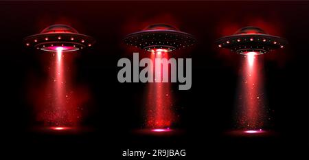 Realistische UFOs mit rotem Licht und Rauchportalen, isoliert auf schwarzem Hintergrund. Vektordarstellung fliegender Untertassen, die im Dunkeln leuchten, Raumfahrzeug-Start, Alien-Entführung, Planeteninvasion Stock Vektor