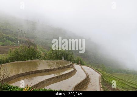 SA Pa, Vietnam-April 2023; Blick über Reisfelder, die noch immer mit Wasser gefüllt sind hoch in den Bergen gleich außerhalb der Stadt Stockfoto