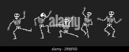 Skelette tanzen mit verschiedenen Positionen flaches Design Vektorbildungs-Set. Lustiger Tanz Halloween oder Day of the Dead Skeletons Sammlung. Stock Vektor