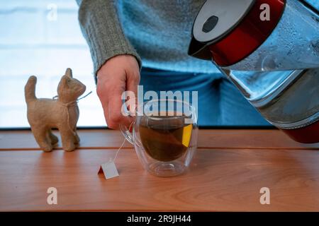 Nahaufnahme einer Frau, die heißes Wasser aus einem Wasserkocher in einen durchsichtigen Glasbecher gießt. Eine Tasse frisch gebrühten Kräutertee. Das Zubereiten von Tee oder Teecere Stockfoto