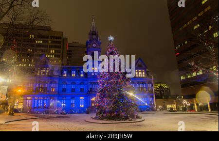 Rathaus, Halifax, Nova Scotia, Kanada - Dekorationen Des Halifax Pride Festivals. Die Beleuchtung der Regenbogenfarben zur Unterstützung der LGBTIQA. Stockfoto