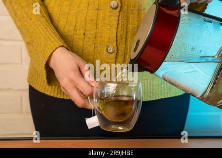 Nahaufnahme einer Frau, die heißes Wasser aus einem Wasserkocher in einen durchsichtigen Glasbecher gießt. Eine Tasse frisch gebrühten Kräutertee. Das Zubereiten von Tee oder Teecere Stockfoto