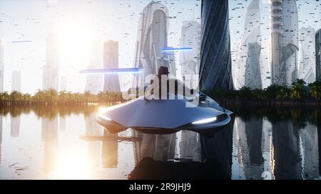 3D Mädchen und fliegendes Elektroauto in einer futuristischen Stadt. Zukunftskonzept. 3D-Rendering. Stockfoto