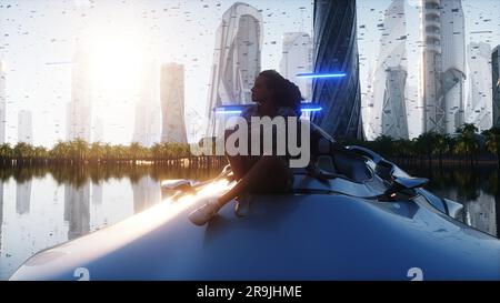 3D Mädchen und fliegendes Elektroauto in einer futuristischen Stadt. Zukunftskonzept. 3D-Rendering. Stockfoto