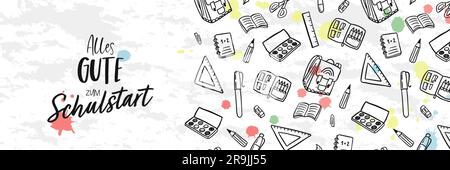 Niedliche handgezeichnete Schulkritzeleien und deutscher Text mit der Aufschrift „Zurück zur Schule“ – großartig für Banner, Einladungen, Werbung Stock Vektor