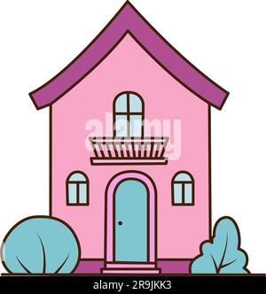 Hübsches pinkfarbenes Haus, Wohnung im Sommerdorf oder Stadt Vektorbild. Comic-Comic, kleine Fassade eines Häuschen mit rotem Dach und Stock Vektor