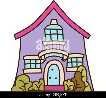 Kleines lila Dorfhaus. Vektordarstellung eines niedlichen Gebäudes von außen. Cartoon-Haus mit Fenstern und Türen. Stadtviertel, Stadt, Stadtkonzept. Stock Vektor
