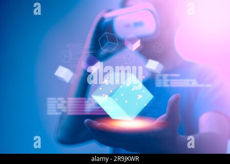 Mann mit VR-Brille Virtual Global Internet Connection, Blockchain und Internet of Things Concept, Big Data, Metaverse Technology Innovation of Fut Stockfoto
