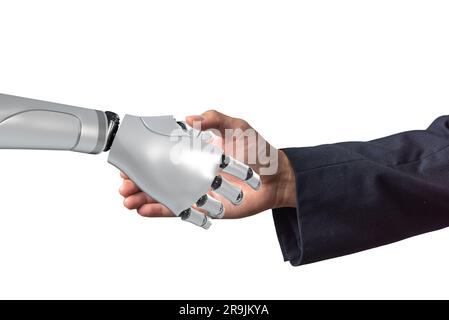 Roboter-Handschlag-Geschäftsmann auf weißem Hintergrund. Künstliche Intelligenz KI Innovation Zukunftsorientierung moderne Technologie. Stockfoto