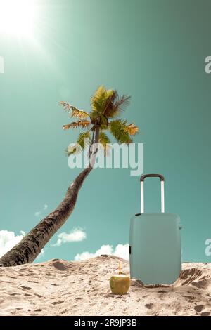 Koffer an Palmen am Strand der tropischen Insel. Sommerurlaub- und Reisekonzept. Stockfoto