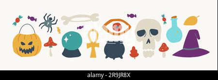 Zeitgenössische Vektorbilder zu Halloween. Handgezeichnete moderne farbenfrohe Elemente Sammlung Schädel, Kürbis, Spinne, Kessel, Gift und Stock Vektor
