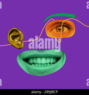 Glück. Menschliches Gesicht, Gesichtsausdruck aus verschiedenen Menschen Gesicht Teile. Collage für zeitgenössische Kunst. Stockfoto