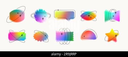 Verschwommene Formen mit Y2K-Aura-Effekt. Farbenfrohe, zeitgenössische dekorative holographische Gradientenelemente-Sammlung mit Orbits und Sternen. Trendig Stock Vektor