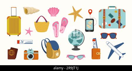 Illustrationen-Kollektion für Sommerferien. Flache, tropische Vektor-Strandtrikots mit Koffern, Seesternen, Reisepass, Tickets Stock Vektor