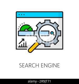 Suchmaschinensymbol, SEM oder Suchmaschinenmarketing und Content-Management, Linienvektor. Piktogramm für die Websitesuche mit einer Lupe für SEM oder SEO in Internetmedien und zur Optimierung von Online-Inhalten Stock Vektor