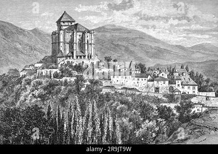 Eine Illustration der ehemaligen römisch-katholischen Kathedrale aus dem späten 19. Jahrhundert, erbaut zwischen dem 12. Und 16. Jahrhundert in Saint-Bertrand-de-Comminges, Haute-Garonne, Südwestfrankreich. Es war der Sitz der antiken Diözese der Gemeine. Stockfoto