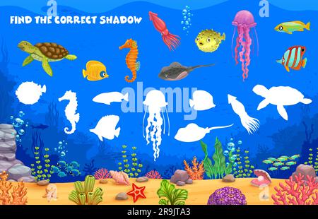 Finden Sie den richtigen Schatten von Cartoon-Meerestieren und Fischen, Vektorrätsel-Quiz für Kinder. Schattenspiel-Arbeitsblatt mit Unterwasser-Silhouette aus Schildkröte, Quallen und Seepferdchen mit Tintenfisch und Fisch Stock Vektor