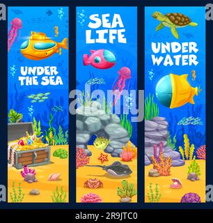 Cartoon-Unterwasserlandschaft mit U-Boot, Meerestieren und Algen mit Korallen. Vertikale Vektorbanner mit sandigem Boden, Schildkröten, Fischen, Schatztruhe, tropischen Korallen oder Pflanzen. Ozean oder Aquarium Stock Vektor