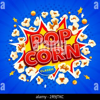 Popcorn-Snack-Explosion. Cartoon-Film Käse Popcorn Burst. Snack zum Mitnehmen, knuspriges Fast Food-Dessert oder Partymahlzeit mit Halbtonvektor-Hintergrund. Kino-Salz-Zuckermais-Explosion im Retro-Banner Stock Vektor