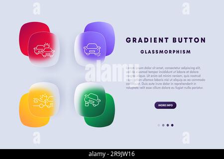 Symbol „Autounfall“. Verkehrsunfall, Kollision, Fahrzeugunfall, Verkehrsunfall, Fahrzeugschaden, Autoversicherung. Glassmorphismus-Stil. Symbol für Vektorlinie Stock Vektor