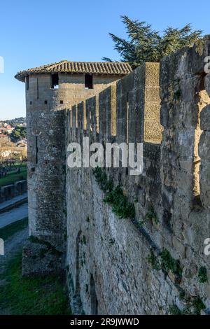 Das Château Comtal, die Burg des Grafen, ist ein mittelalterliches Schloss in der Stadt Carcassonne, mit hohen Türmen und Blick von der Mauer aus. Stockfoto