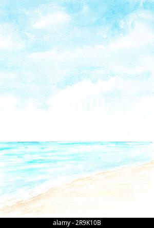 Seascape. Tropischer Strand, Meer, Sand und blauer Himmel, Sommerurlaubskonzept und Hintergrund. Handgezeichnete Aquarelldarstellung Stockfoto