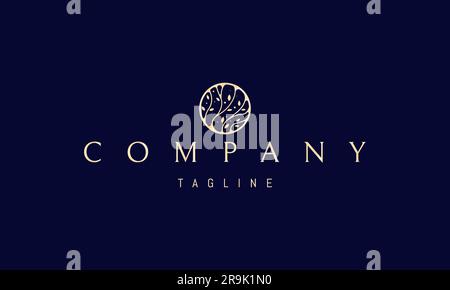 Goldenes Vektorlogo, auf dem ein abstraktes Bild von Pflanzen mit Blättern in einem Kreis abgebildet ist. Stock Vektor