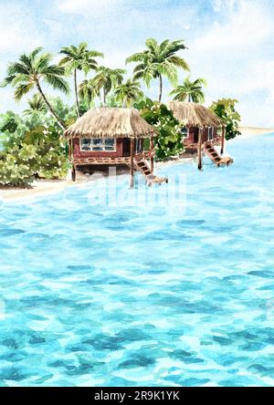 Vorlage für tropische Inseln mit Palmen und Hütten auf dem Wasser. Meer, Sand und blauer Himmel, Sommerferienkonzept und Hintergrund. Handgezeichnete Aquarelle Stockfoto