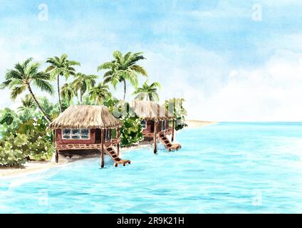 Tropische Insel mit Palmen und Hütten am Wasser. Meer, Sand und blauer Himmel, Sommerferienkonzept. Handgezeichnete Aquarelldarstellung isoliert auf Stockfoto