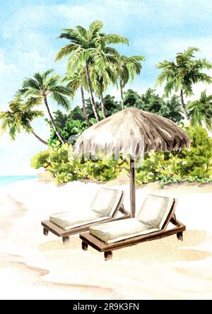 Tropischer Sommerpalmenstrand mit Stühlen und Sonnenschirm. Meer, Sand und blauer Himmel, Sommerferienkonzept. Handgezeichnete Aquarelldarstellung Stockfoto