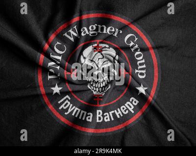 Flag Wagner Group, Flag Wagner Private Military Company, Fabric Flag PMC Wagner, 3D Werk und 3D Bild Stockfoto