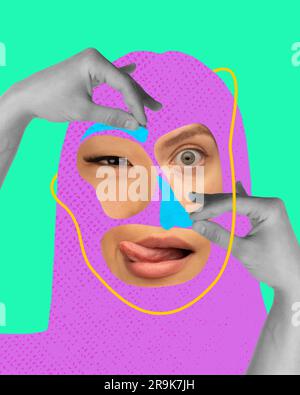 Begierde. Menschliches Gesicht, Gesichtsausdruck aus verschiedenen Menschen Gesicht Teile. Collage für zeitgenössische Kunst. Stockfoto