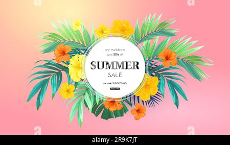 Tropisches Sommerdesign für Banner oder Flyer mit exotischen Palmenblättern, Hibiskusblumen und Platz für Text. Stock Vektor