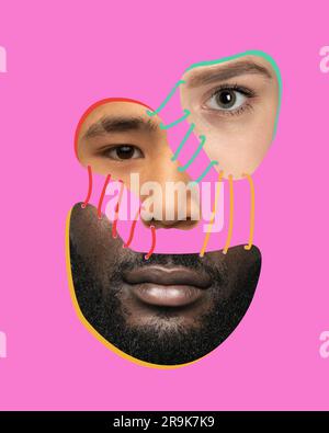 Ernsthaftigkeit. Menschliches Gesicht, Gesichtsausdruck aus verschiedenen Menschen Gesicht Teile. Collage für zeitgenössische Kunst. Stockfoto