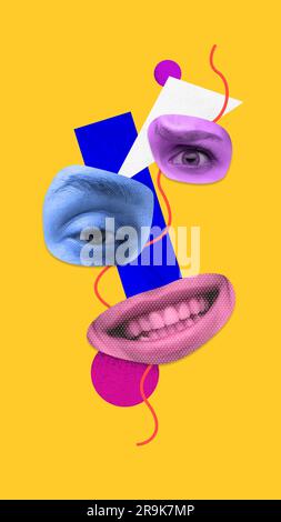Angst. Menschliches Gesicht, Gesichtsausdruck aus verschiedenen Menschen Gesicht Teile. Collage für zeitgenössische Kunst. Stockfoto