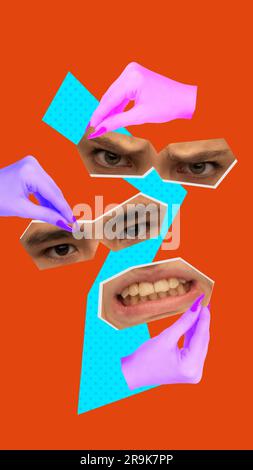 Wütend. Menschliches Gesicht, Gesichtsausdruck aus verschiedenen Menschen Gesicht Teile. Collage für zeitgenössische Kunst. Stockfoto