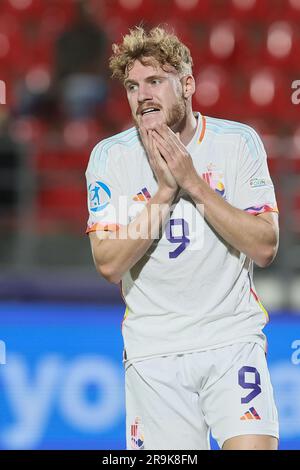 Tiflis, Georgia. 27. Juni 2023. Yorbe Vertessen aus Belgien reagiert während des dritten Spiels der Gruppenphase (Gruppe A) zwischen Portugal und Belgien bei der UEFA-Europameisterschaft Under21 in Tiflis, Georgien, Dienstag, den 27. Juni 2023. Die UEFA-Europameisterschaft Under21 findet vom 21. Juni bis zum 08. Juli in Georgien und Rumänien statt. BELGA FOTO BRUNO FAHY Kredit: Belga News Agency/Alamy Live News Stockfoto