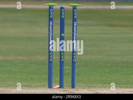 London, Großbritannien. 27. Juni 2023. Stumps während des Spiels LV=County Championship - Division One Day 3 of 4 zwischen Essex gegen Warwickshire am Cloud County Ground, London, am 27. Juni 2023 Guthaben: Action Foto Sport/Alamy Live News Stockfoto