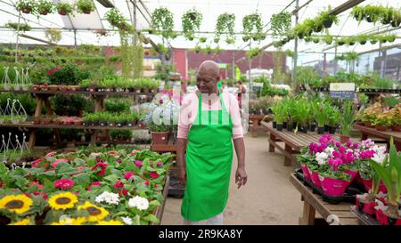 Ein glücklicher leitender afroamerikanischer Mitarbeiter in Green Apron posiert in einem geräumigen Werkshaus vor Ort Stockfoto