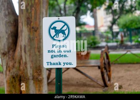 Keine Hunde erlaubt Grün-Weiß-Schild in einem Stadtgarten Stockfoto