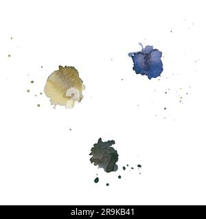Abstrakter wasserfarbener Hintergrund in Blau, Braun, Schwarz. Handgemalt. Spritzer, Dribbeln, Tropfen, Punktmuster für Karten, Banner, Flyer Stockfoto