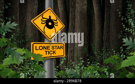 Lone Star Tick Warnung als weibliches erwachsenes Insekt Nahaufnahme isoliert auf weißem Hintergrund als Symbol eines Parasitenarachnids, das scheiße ist Stockfoto