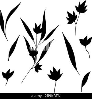 Satz von Vektorsilhouetten von Zweigen mit Blättern und Blumen. Tinte, die wilde Pflanzen zeichnet, Kräuter, monochrome botanische Illustration. Isolierte Cliparts für Stock Vektor