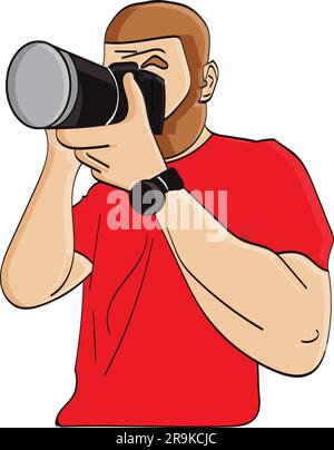 Flacher Fotograf im Cartoon-Stil, Journalist, Sportfotograf, Wildlife-Fotograf, Paparazzi-Konzeptvektor Stock Vektor