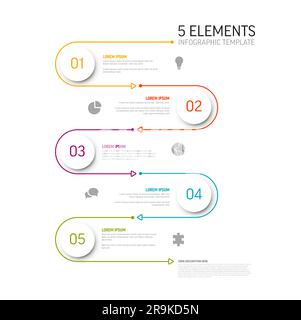 Infografik-Vorlage für Vektorlicht mit weißen kreisförmigen Stufenkarten, Symbolen und Beschreibungen. Einfache minimalistische, vielseitige Infografik-Vorlage mit fünf Stock Vektor