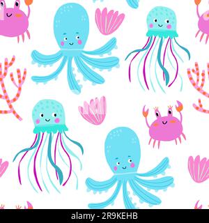 Set mit handgezeichneten Meereslebewesen. Vector Doodle Cartoon-Set mit Meereslebewesen für dein Design. Vektordarstellung Stock Vektor