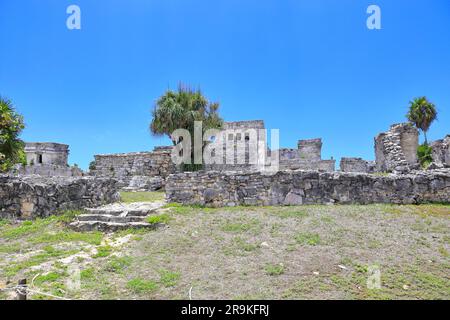 El Castillo, das Schloss, Tulum Ruinen eine archäologische Maya-Stätte im Tulum Nationalpark, Tulum, Quintana Roo, Yucatan Halbinsel, Mexiko. Stockfoto